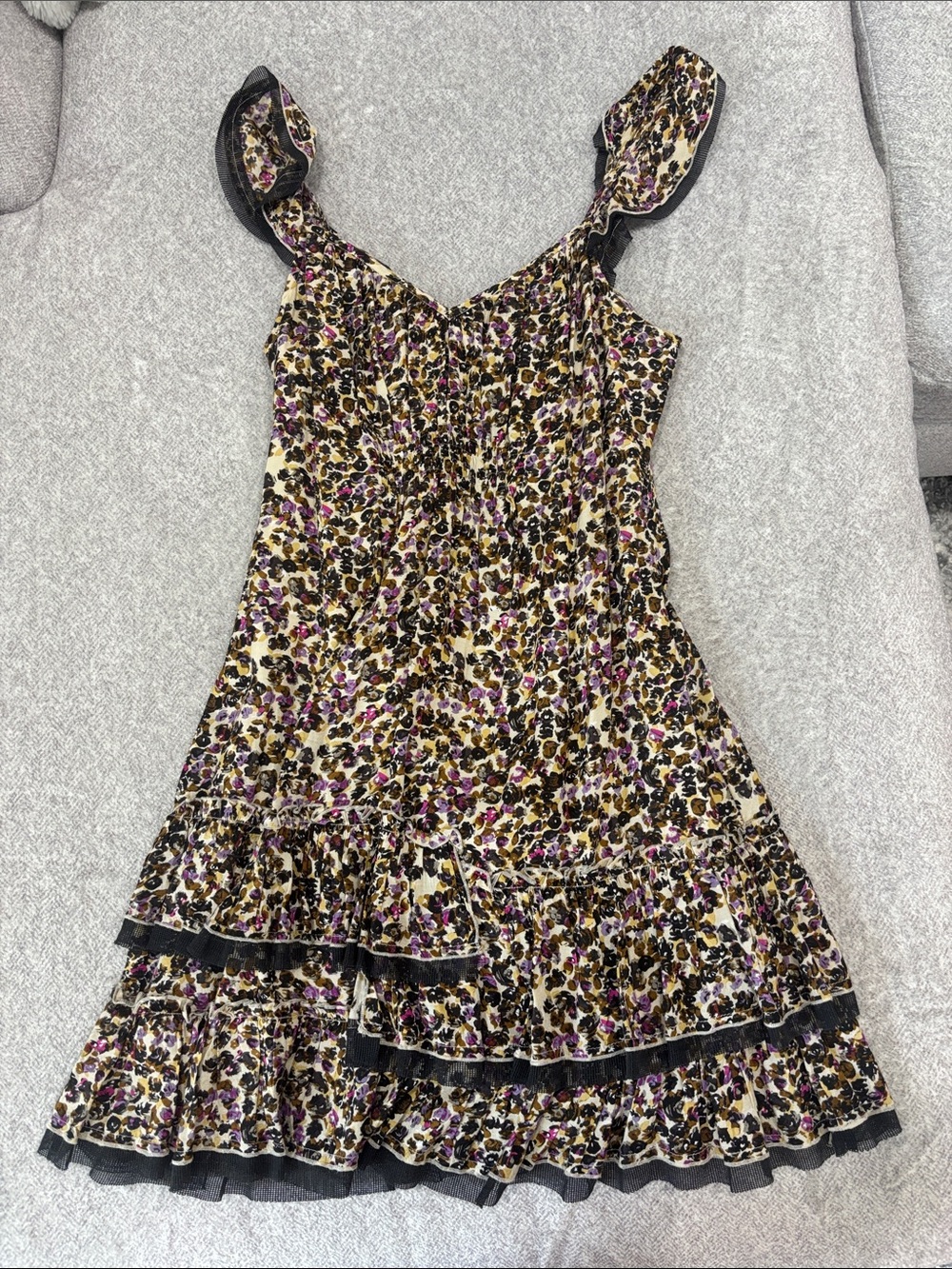 Floral Leopard Print Ruffle Sundress - Yellow, Black & Purple